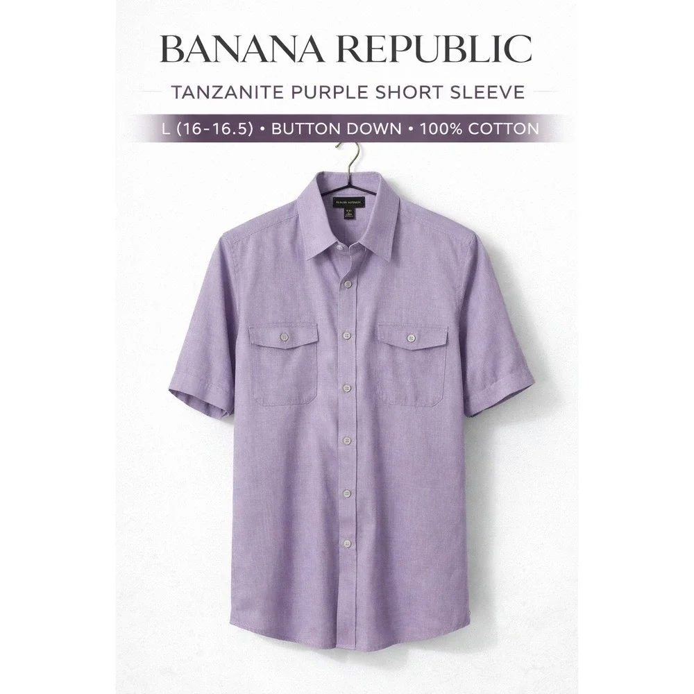 Banana Republic Mens Tanzanite Purple Short Sleeve‎ Button Down Shirt L 16-16.5